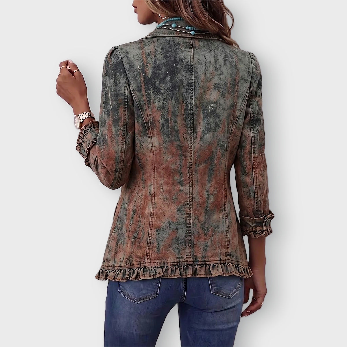 Zoey vintage print ruffle jacket in Desert Wash, back view