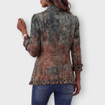 Zoey vintage print ruffle jacket in Desert Wash, back view