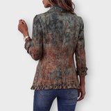 Zoey vintage print ruffle jacket in Desert Wash, back view