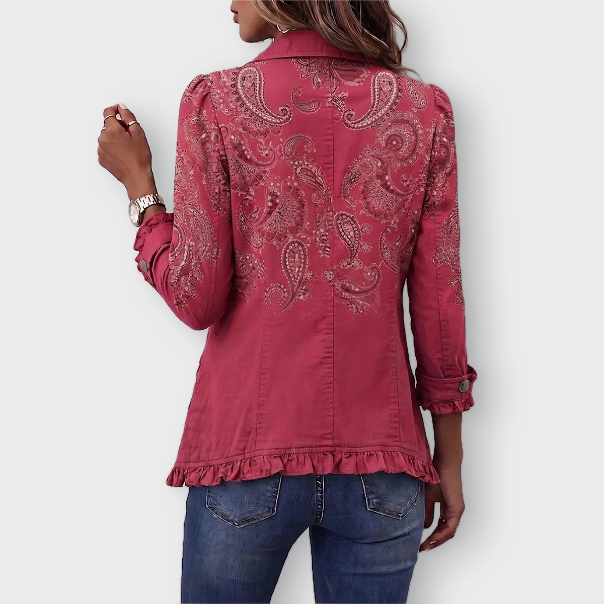 Camila paisley ruffled jacket in Rose Pink, back view