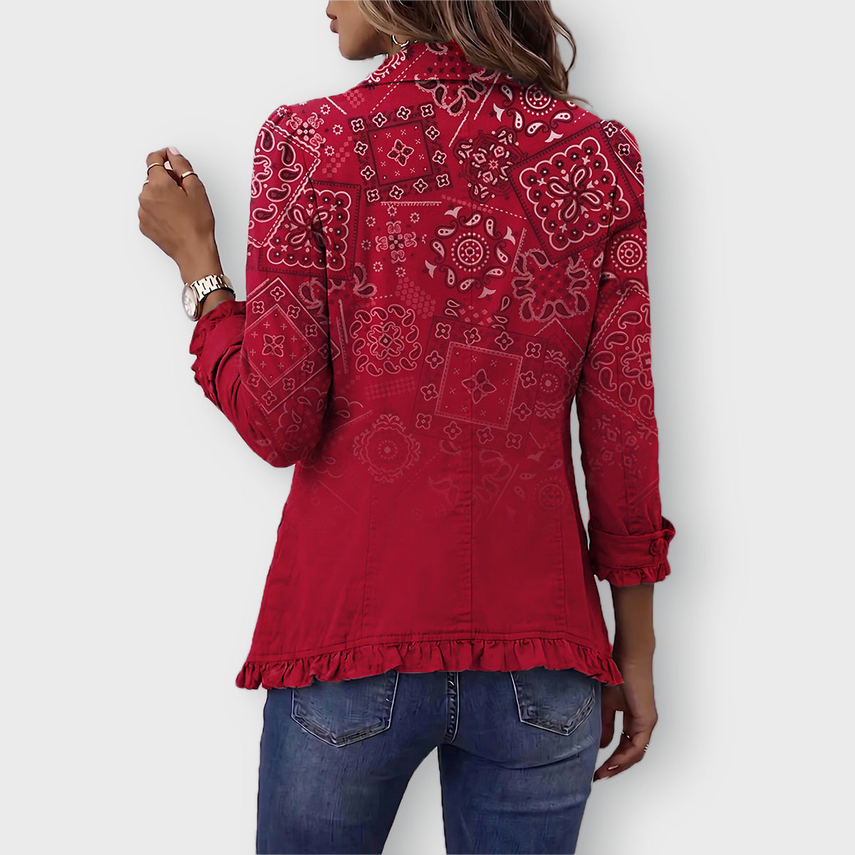 Riley paisley ombré ruffled jacket in Red, back view