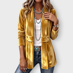 Avery velvet open front jacket in Gold, front view
