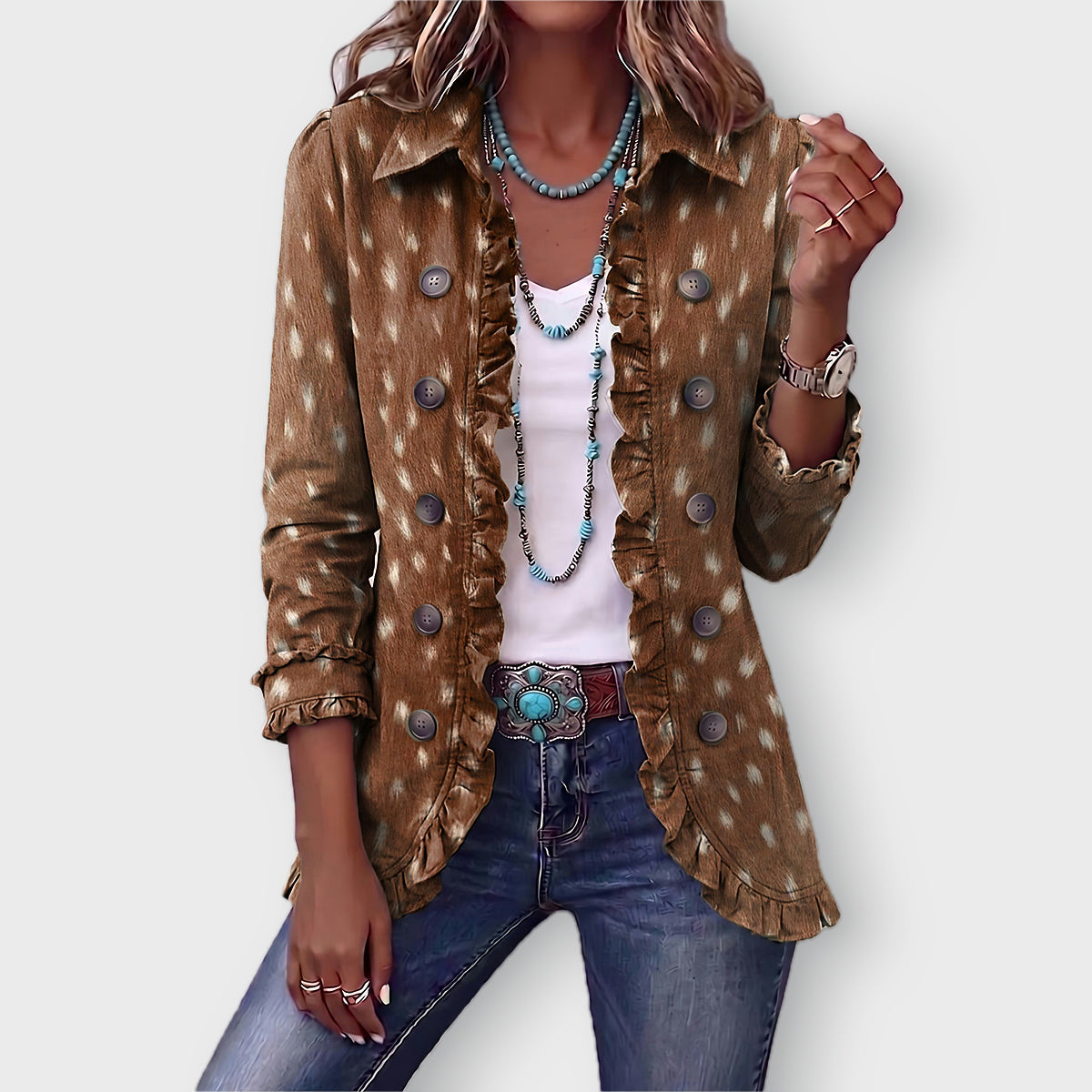 Layla animal print ruffled jacket in Brown, front view