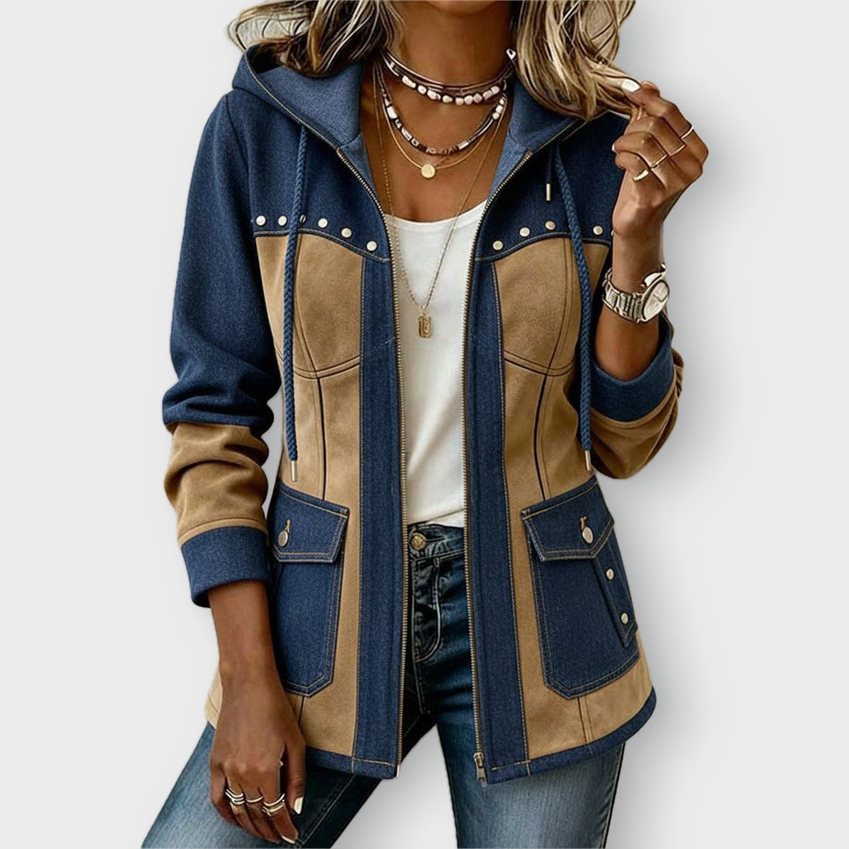 Ava patchwork hooded jacket in Navy & Camel, front view
