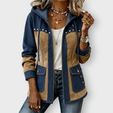 Ava patchwork hooded jacket in Navy & Camel, front view