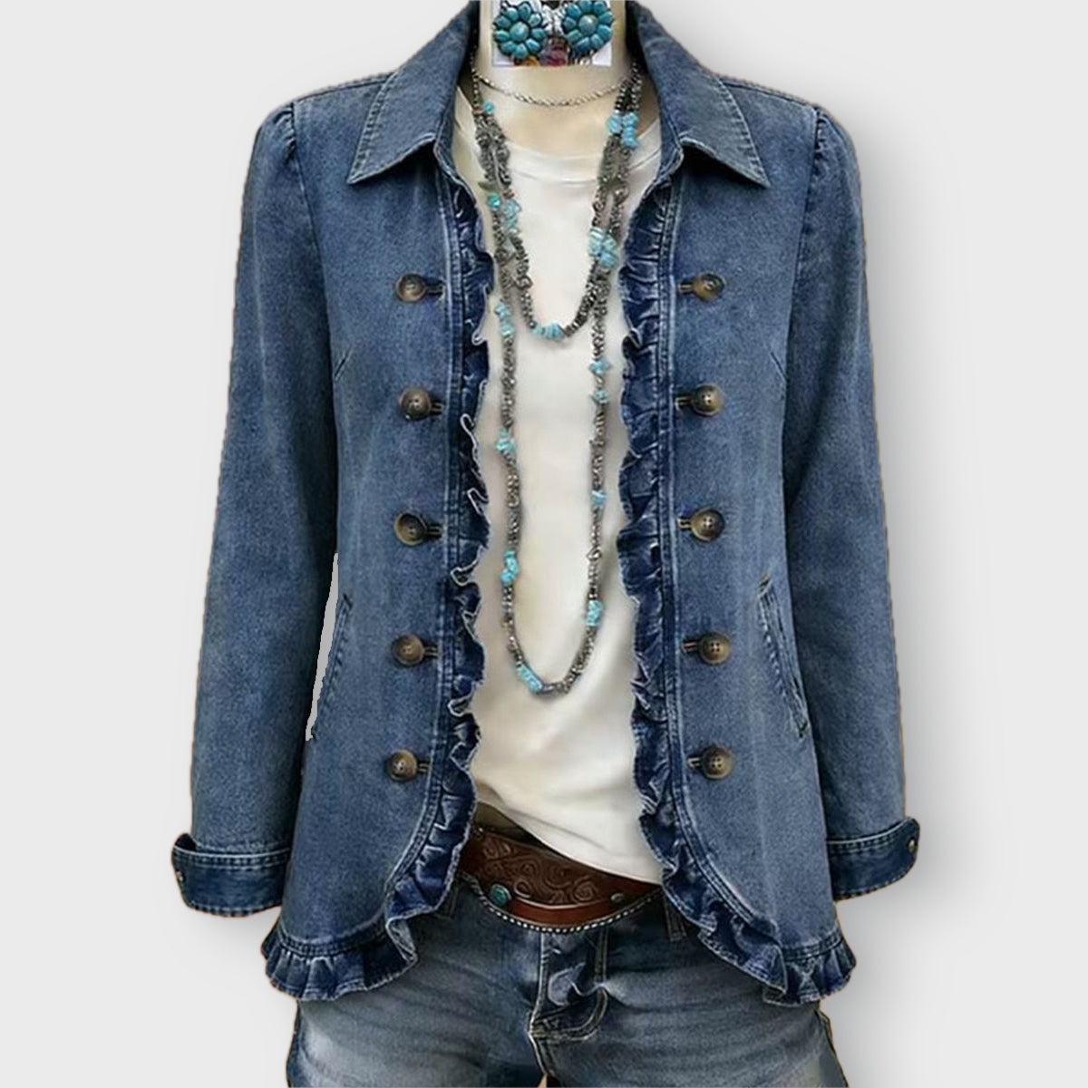 Amelia ruffled jacket in Medium Blue, front detail