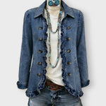 Amelia ruffled jacket in Medium Blue, front detail