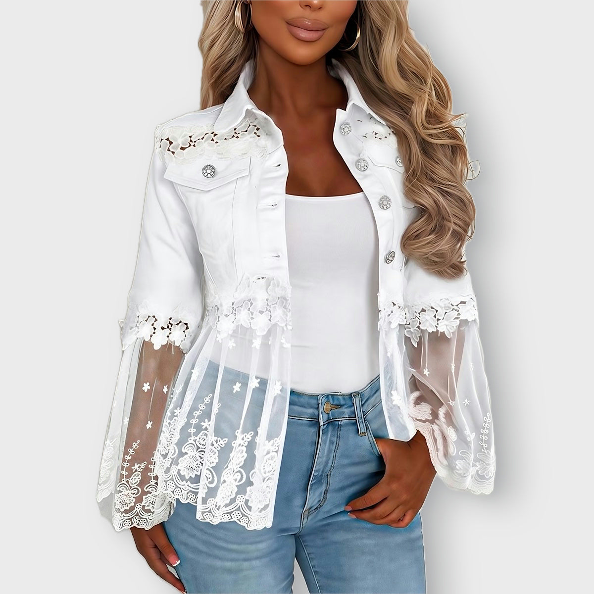 Addison lace panel jacket in White, front view