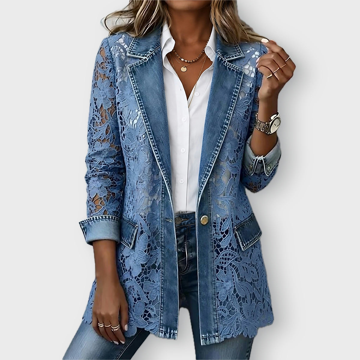 Harper floral lace blazer in Denim Blue, front view