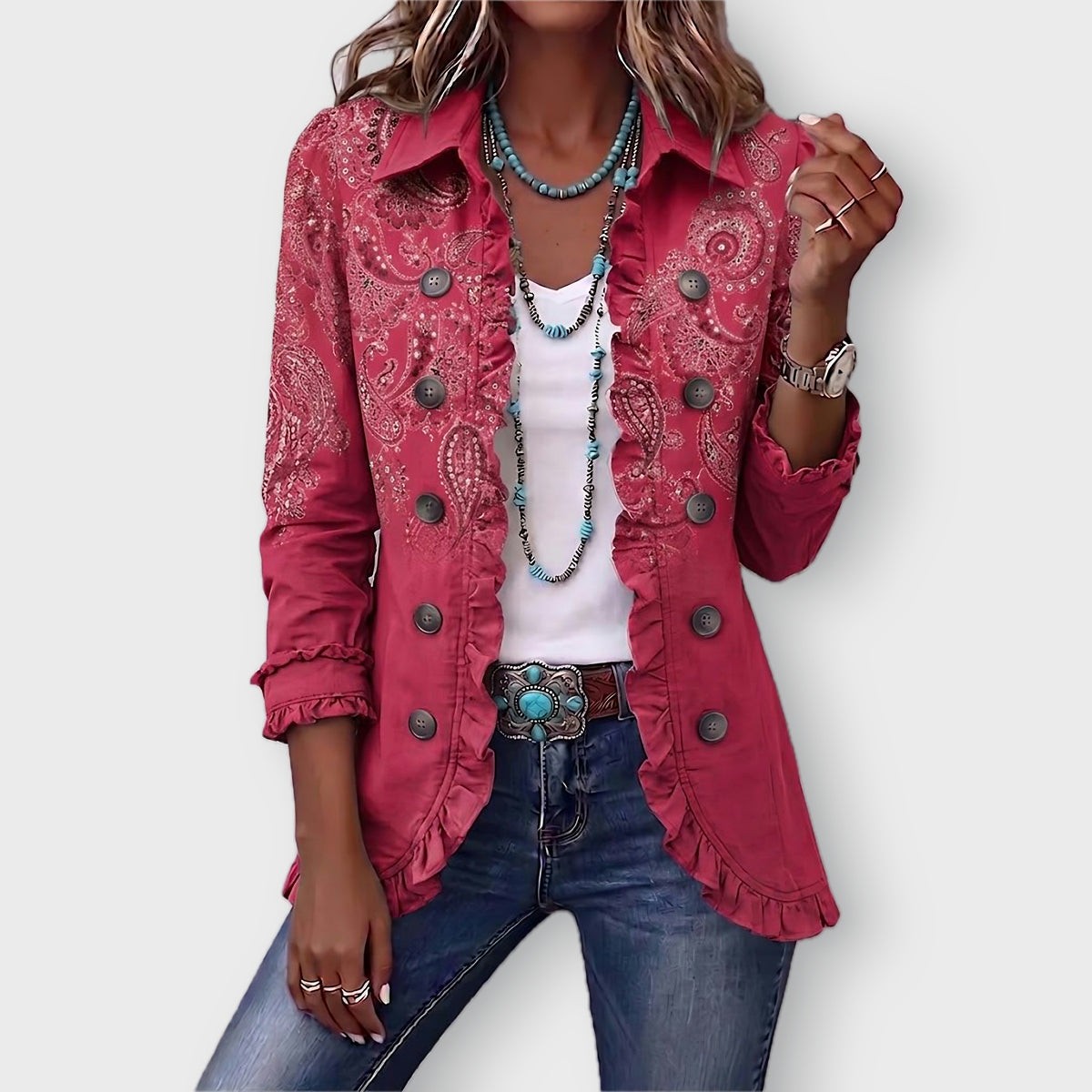Camila paisley ruffled jacket in Rose Pink, front view