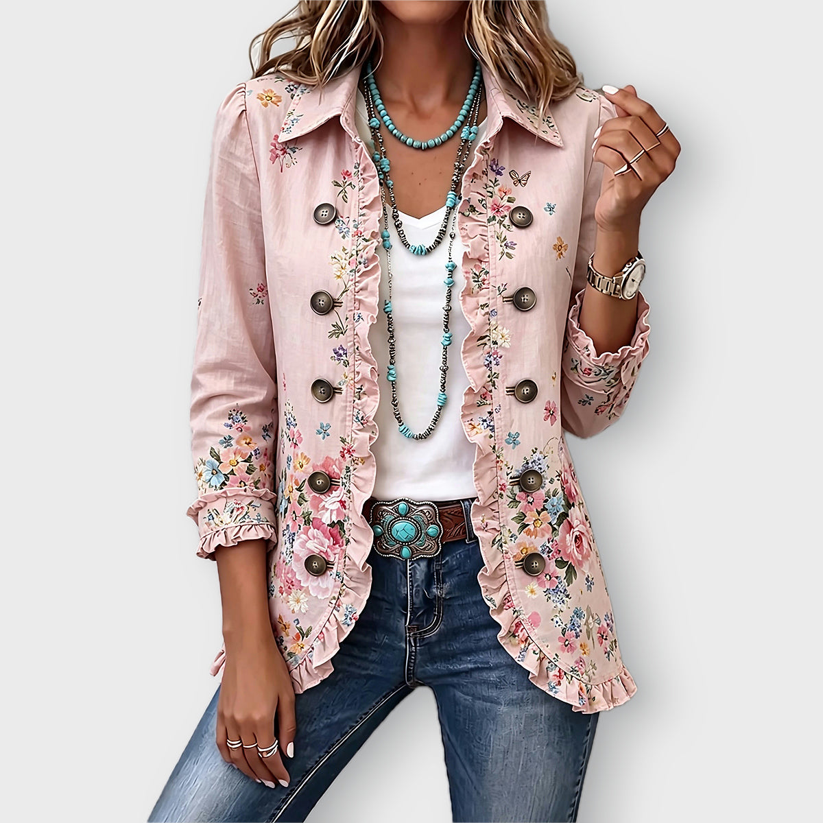 Ella floral ruffle jacket in Pink, front view