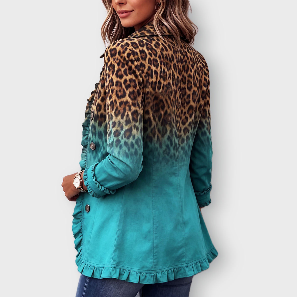 Emma leopard ombre ruffle blazer in Turquoise, back view