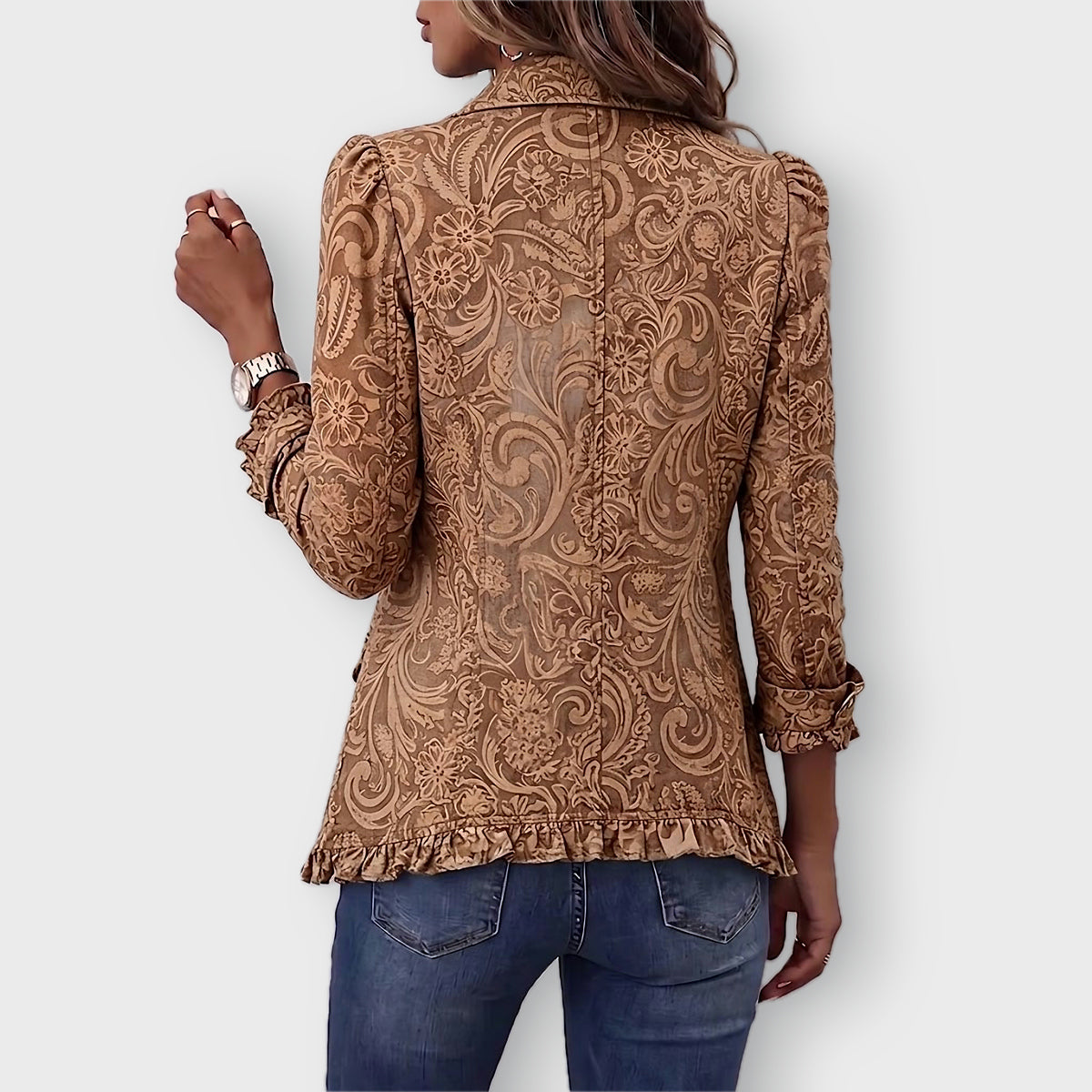 Madison floral print ruffled jacket in Brown, back view