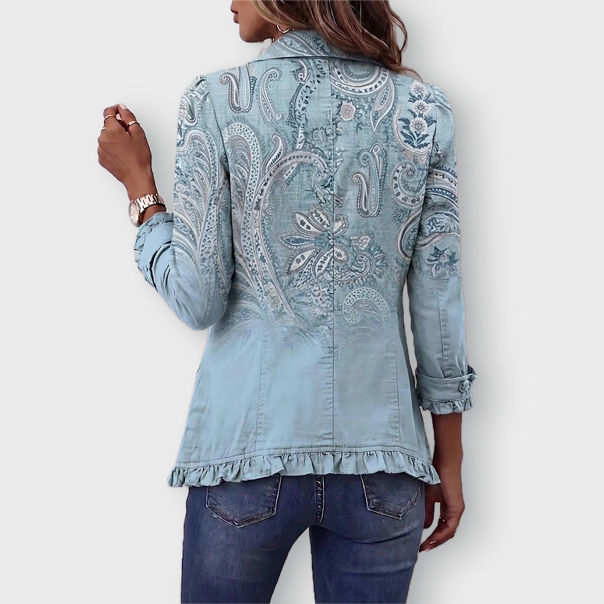 Isabella paisley ruffled jacket in Sky Blue, back view