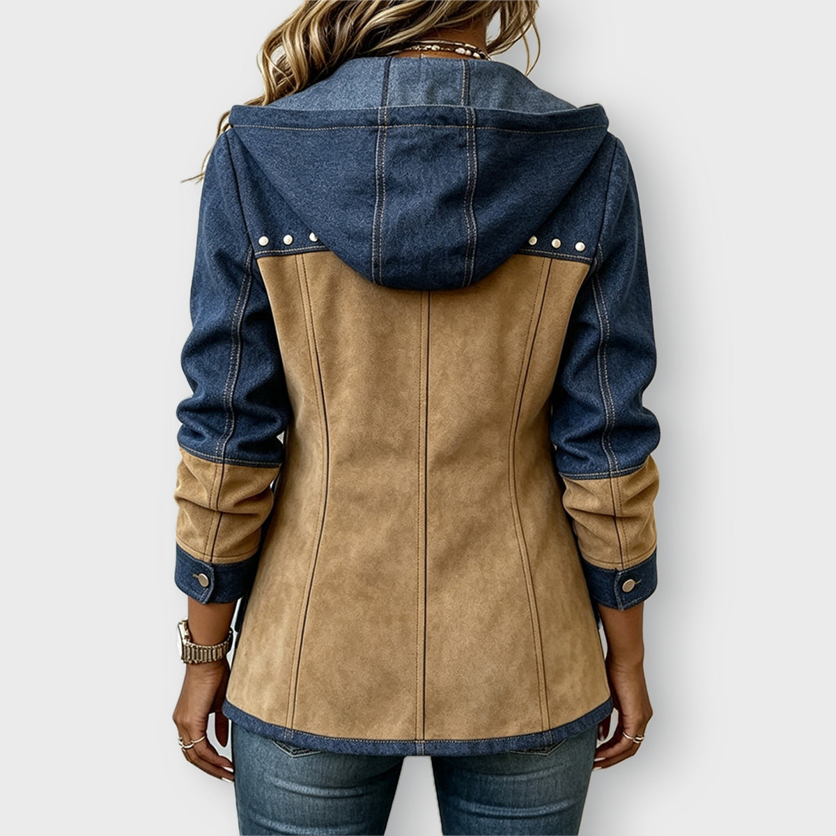 Ava patchwork hooded jacket in Navy & Camel, back view