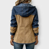 Ava patchwork hooded jacket in Navy & Camel, back view