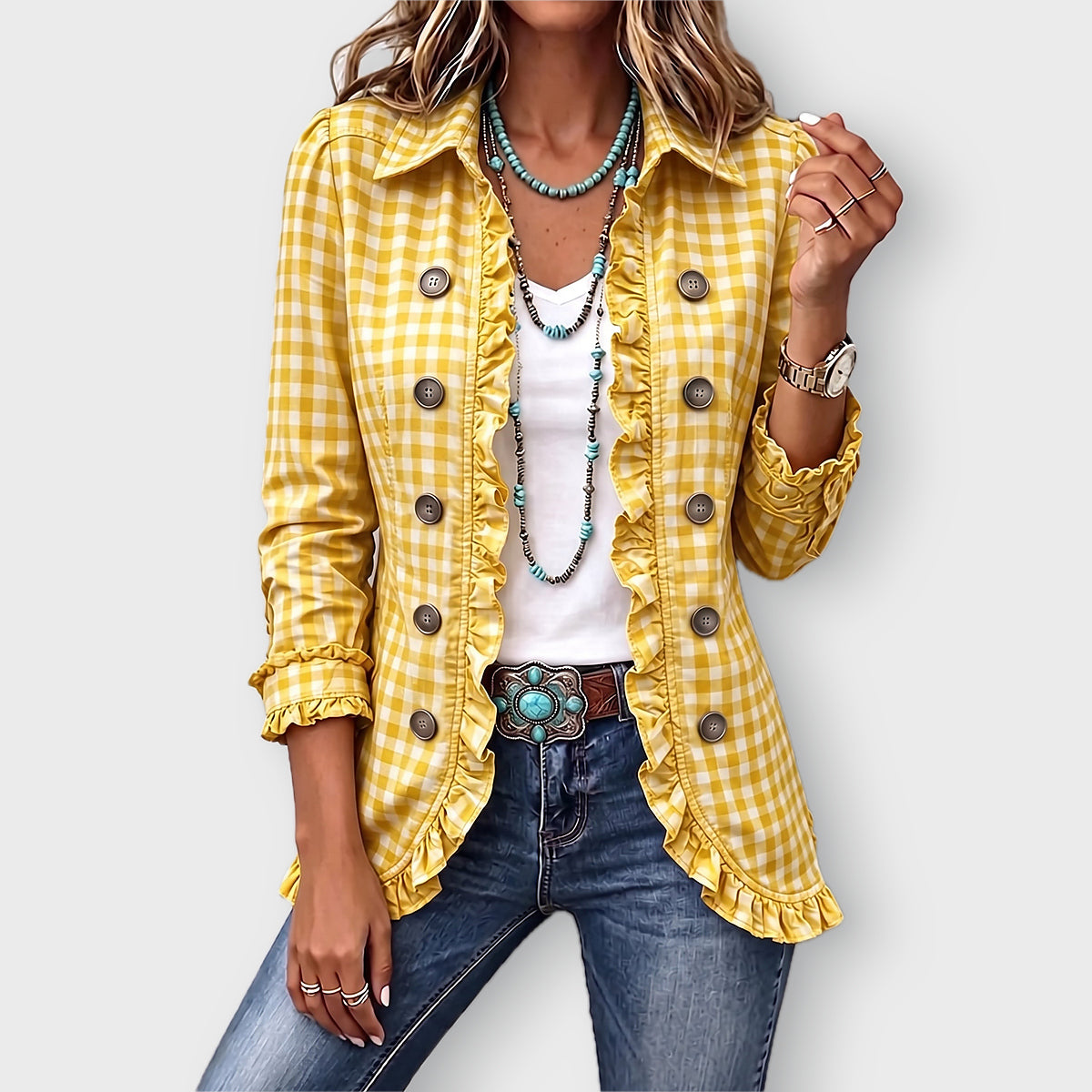 Evelyn gingham ruffle jacket in Yellow, front view