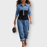 Natalie cropped jacket and pants set in Black, worn