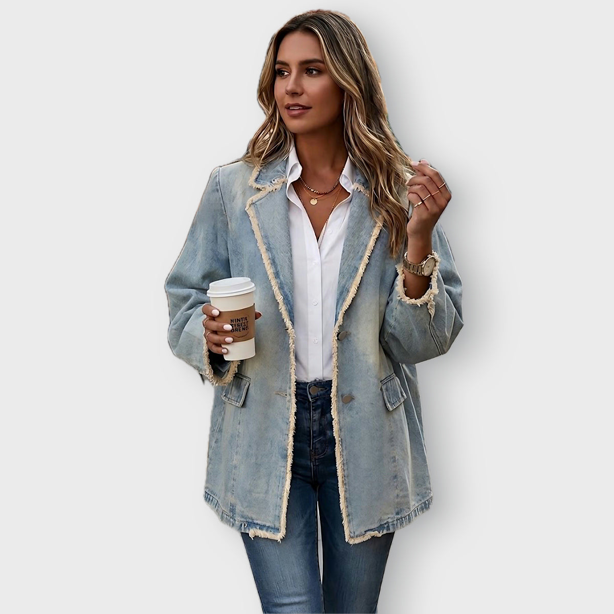 Hannah oversized light wash blazer in Light Wash Blue, front view