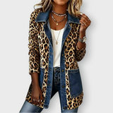 Nora leopard and denim longline jacket in Leopard, front view
