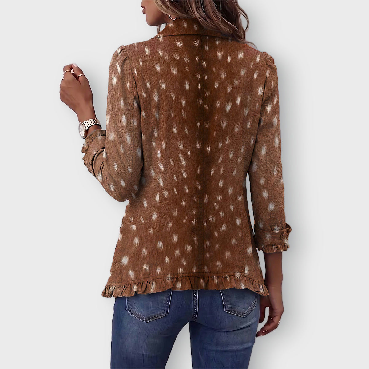 Layla animal print ruffled jacket in Brown, back view