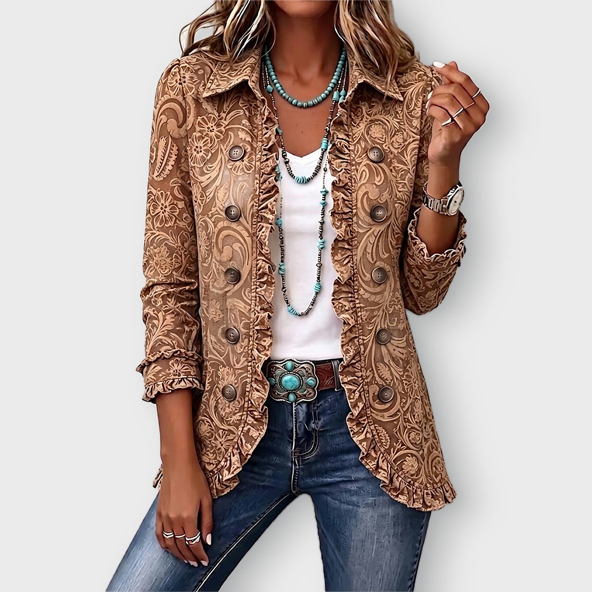 Madison floral print ruffled jacket in Brown, front view