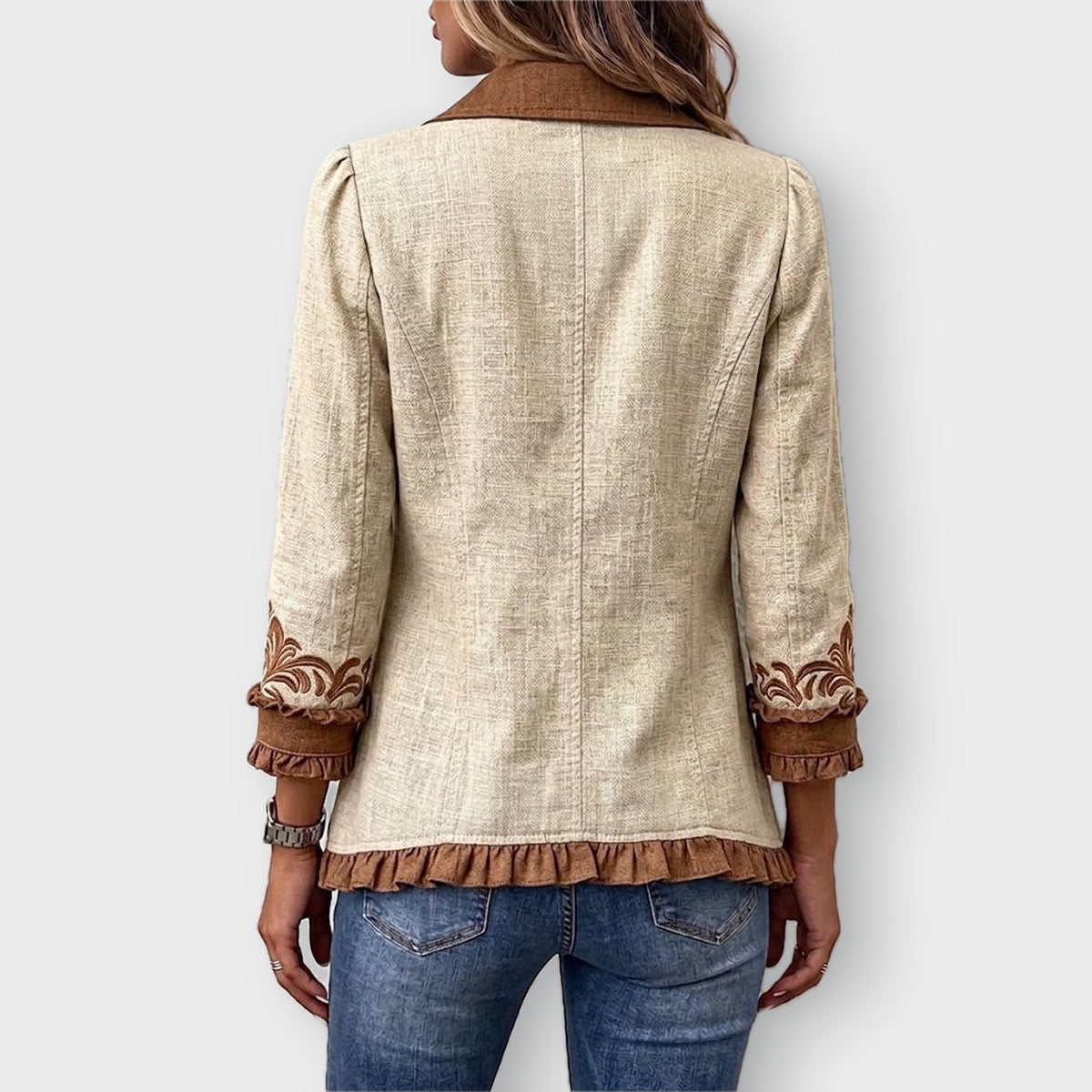 Scarlett floral ruffled jacket in Tan & Brown, back view