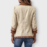 Scarlett floral ruffled jacket in Tan & Brown, back view