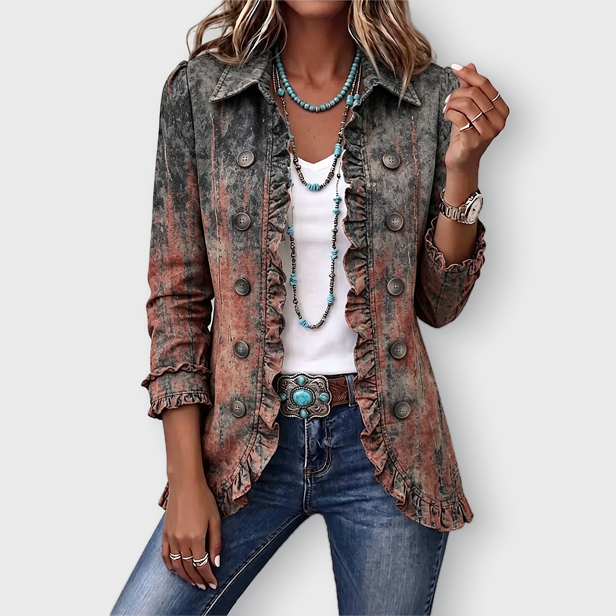 Zoey vintage print ruffle jacket in Desert Wash, front view