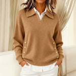Jackie collared V neck sweater in Khaki, front view