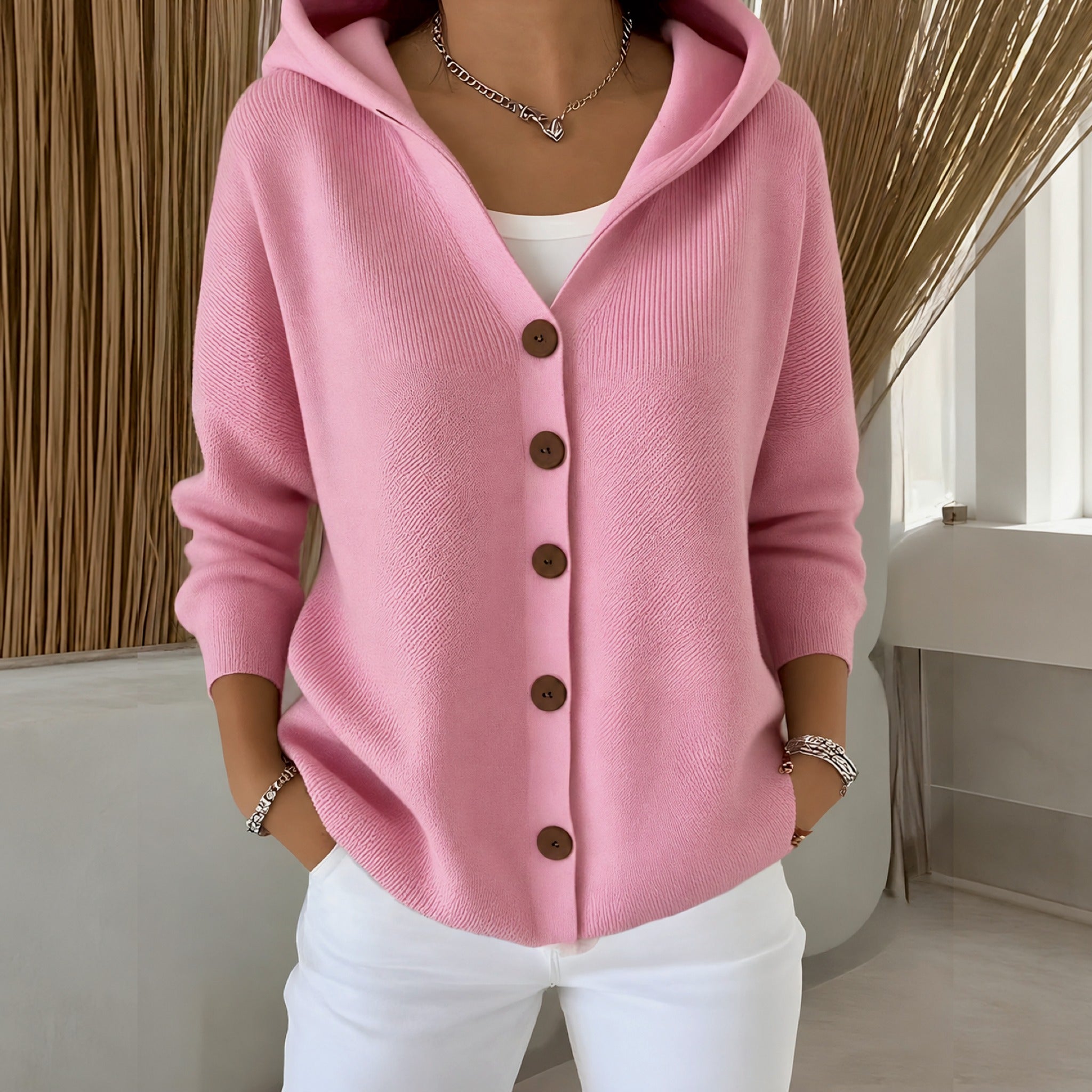 Joann hooded button up knit cardigan in Pink, front view