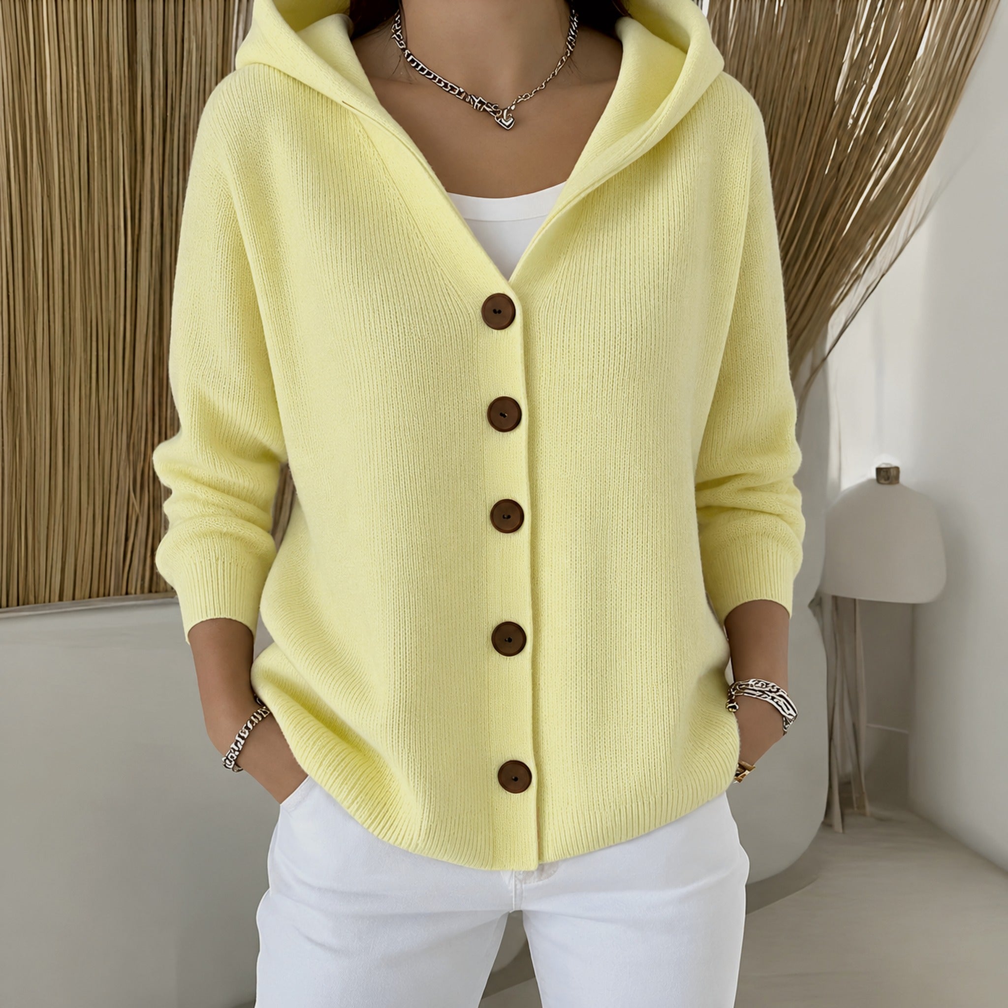 Joann hooded button up knit cardigan in Yellow, view 4