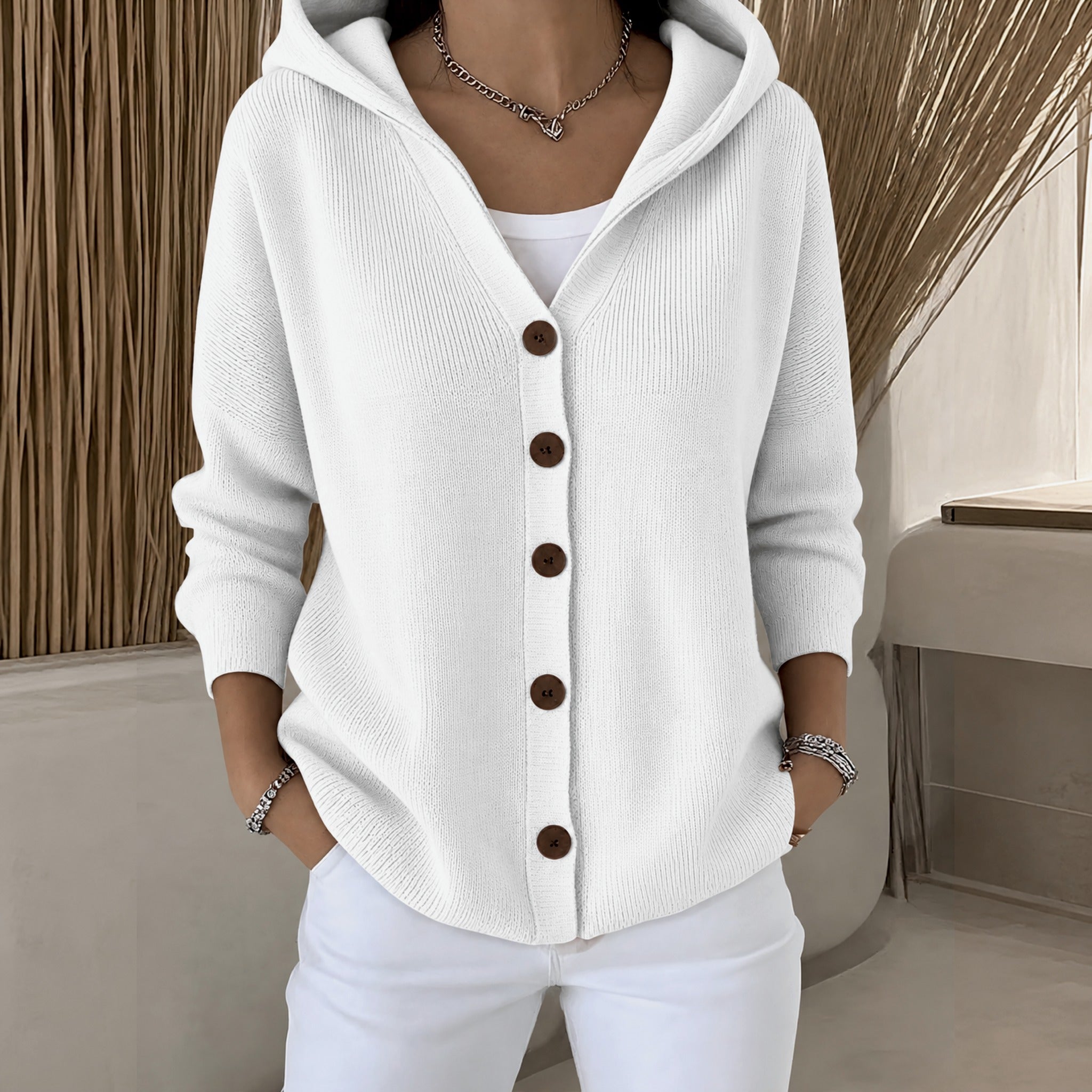 Joann hooded button up knit cardigan in Gray, view 5