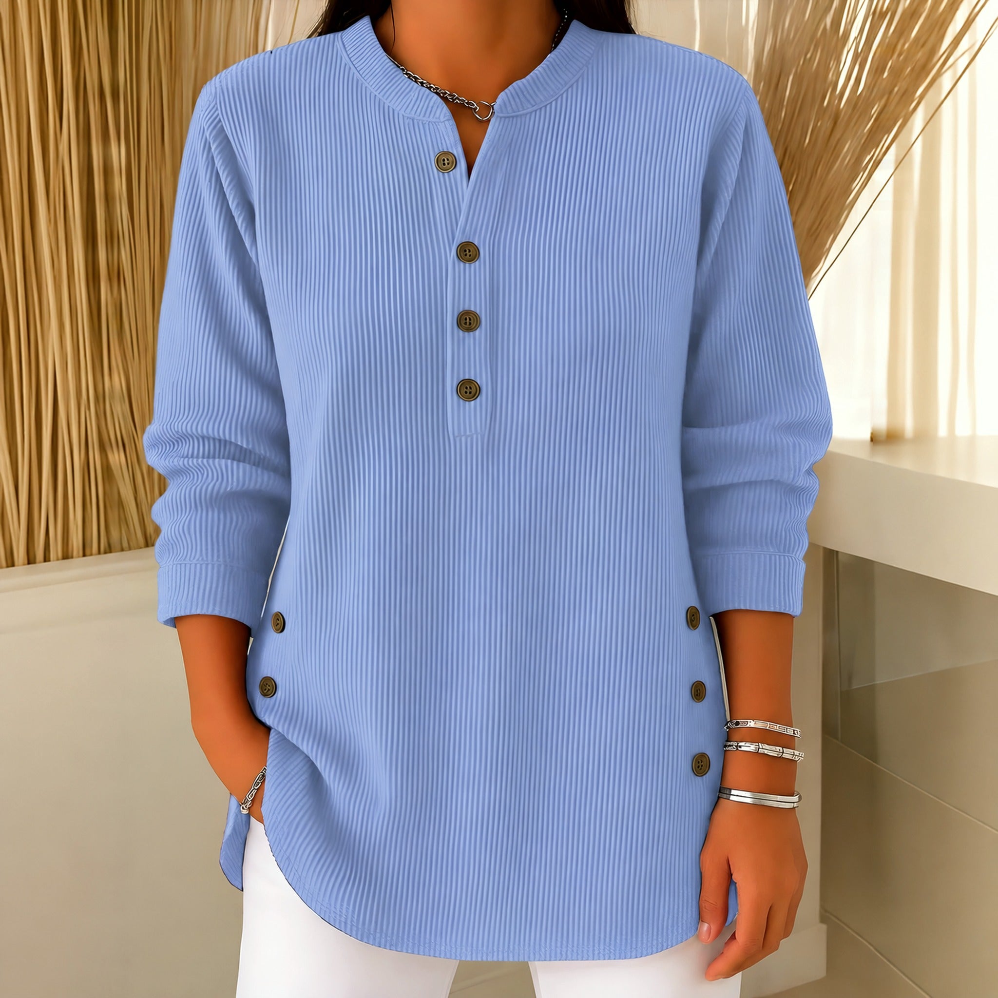 Judy button henley tunic sweater in Sky Blue, front view