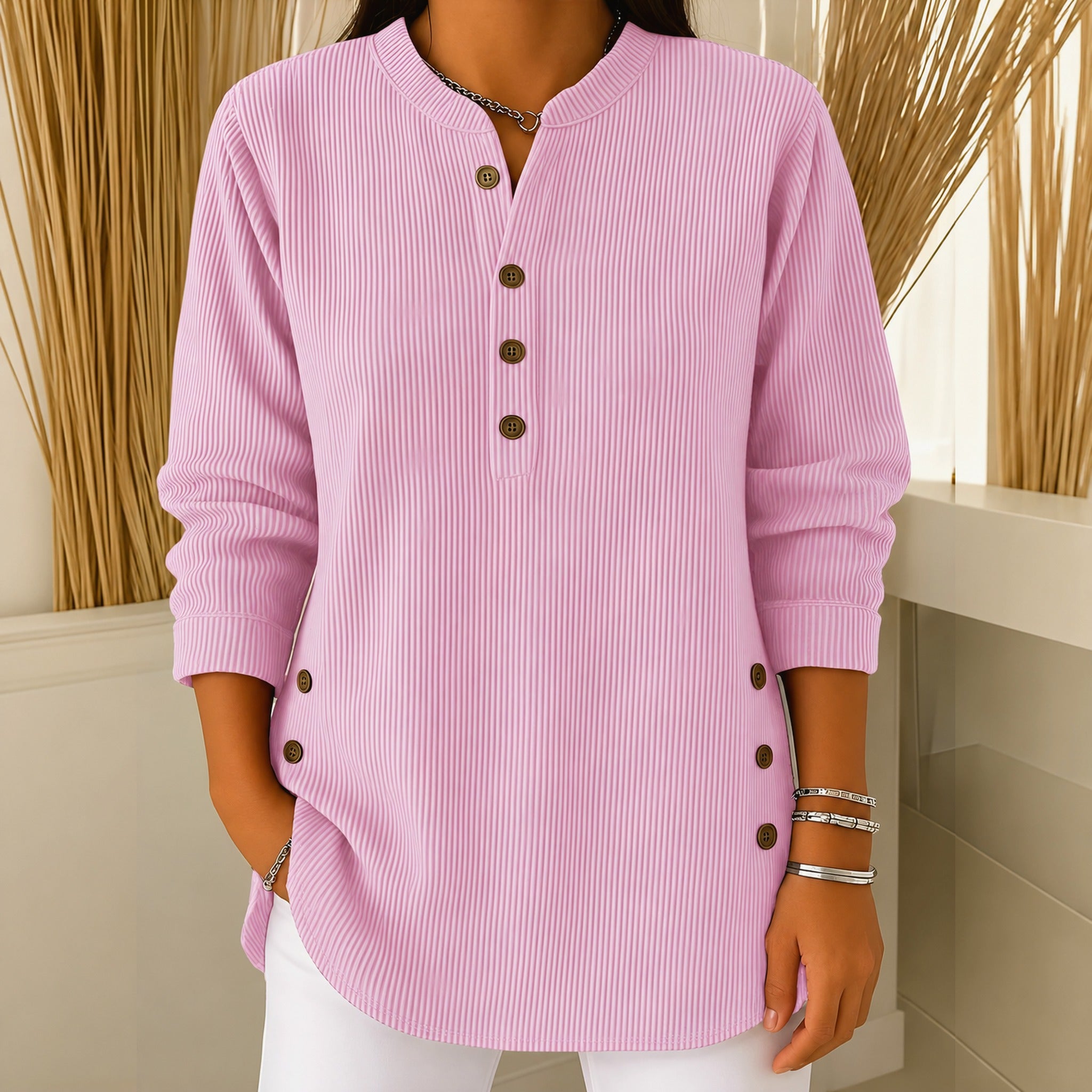 Judy button henley tunic sweater in Soft Pink, view 2