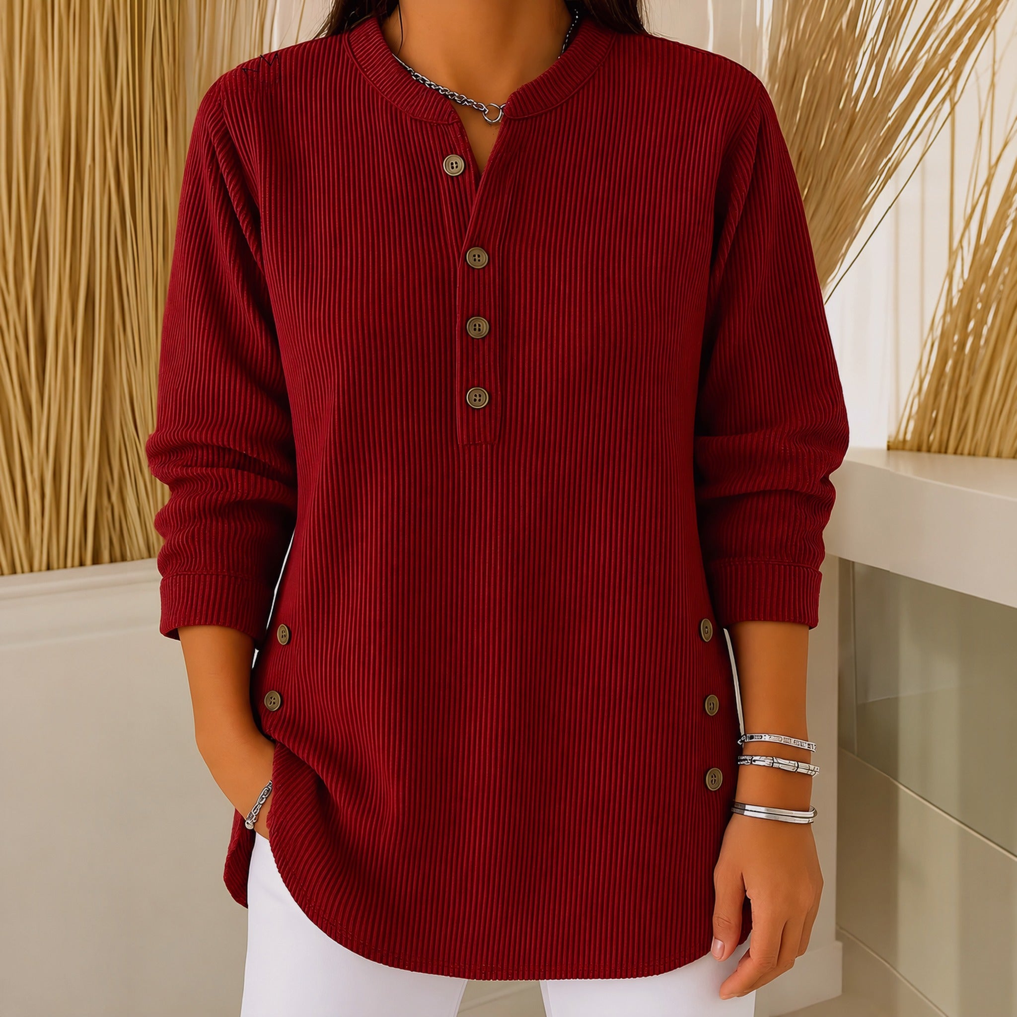 Judy button henley tunic sweater in Burgundy, view 3