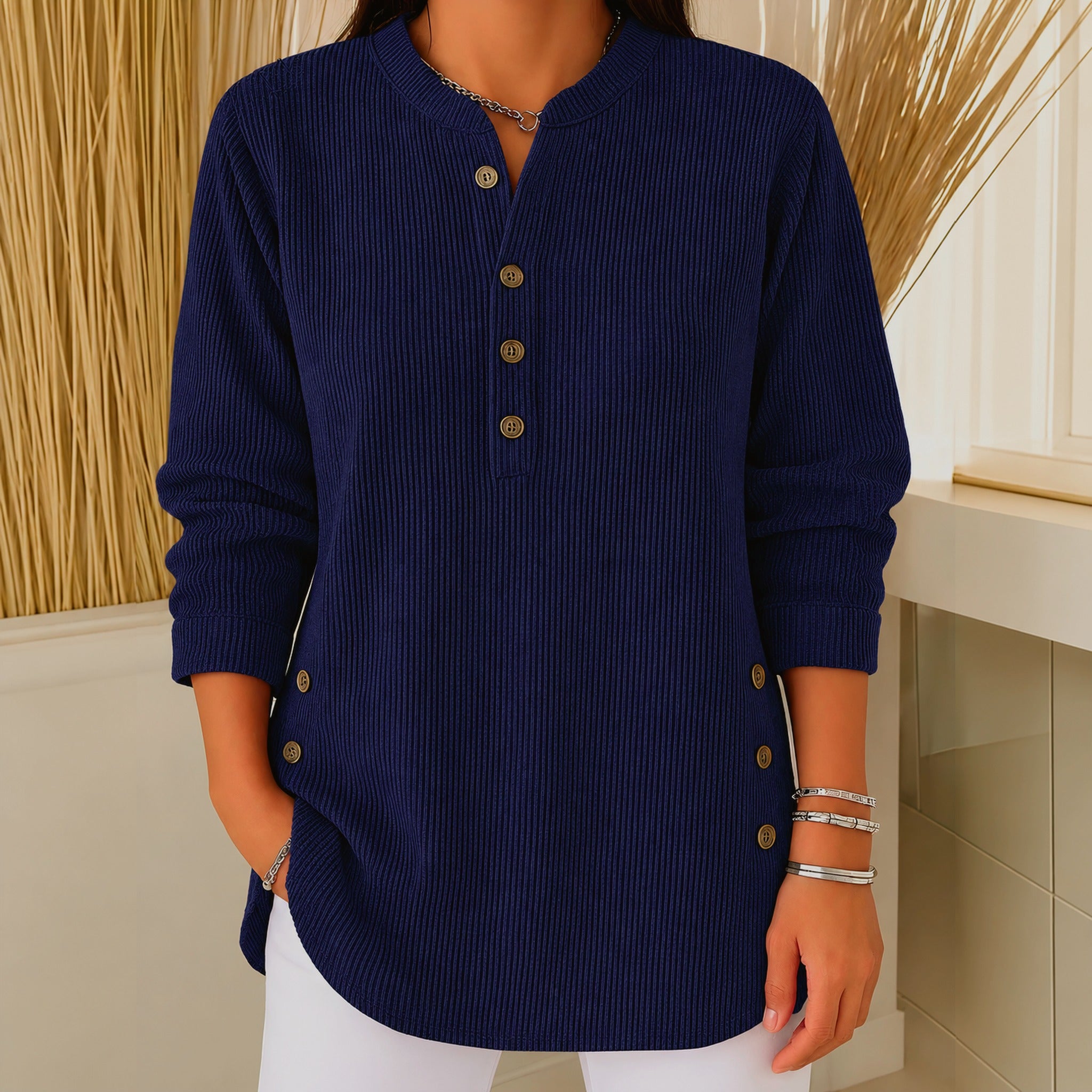 Judy button henley tunic sweater in Navy, view 4