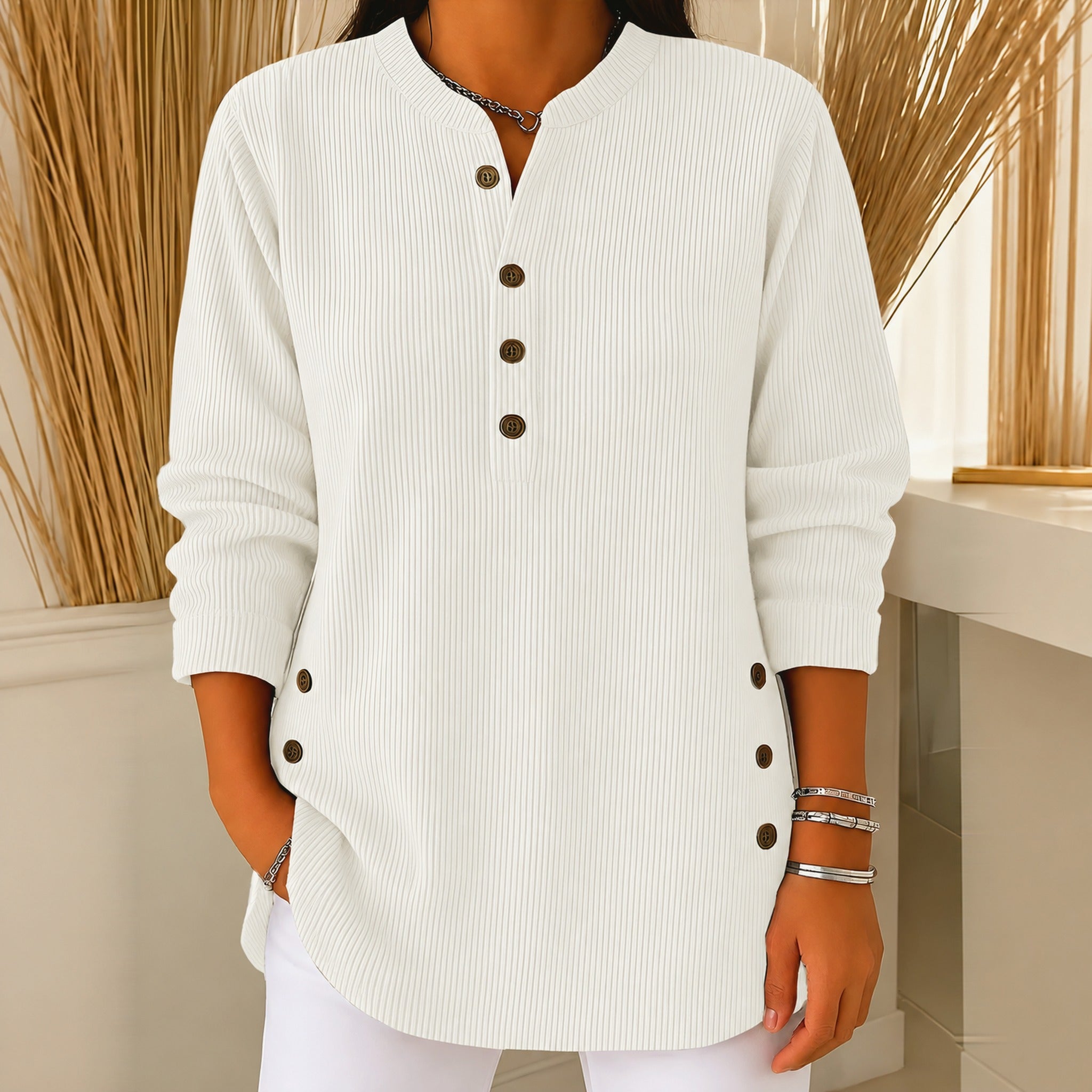 Judy button henley tunic sweater in White, view 5