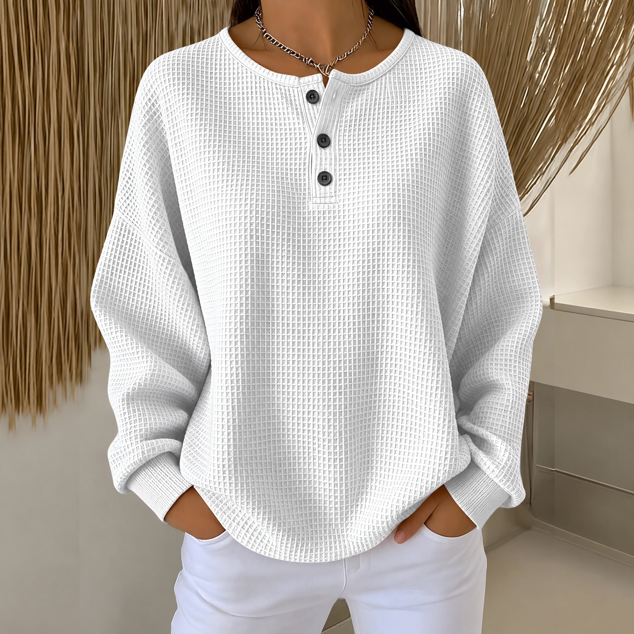 Kim waffle henley sweatshirt in White, view 2