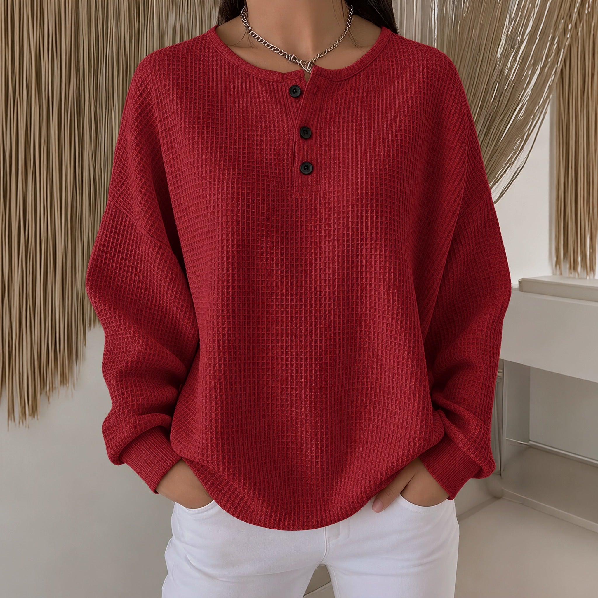 Kim waffle henley sweatshirt in Red, view 3