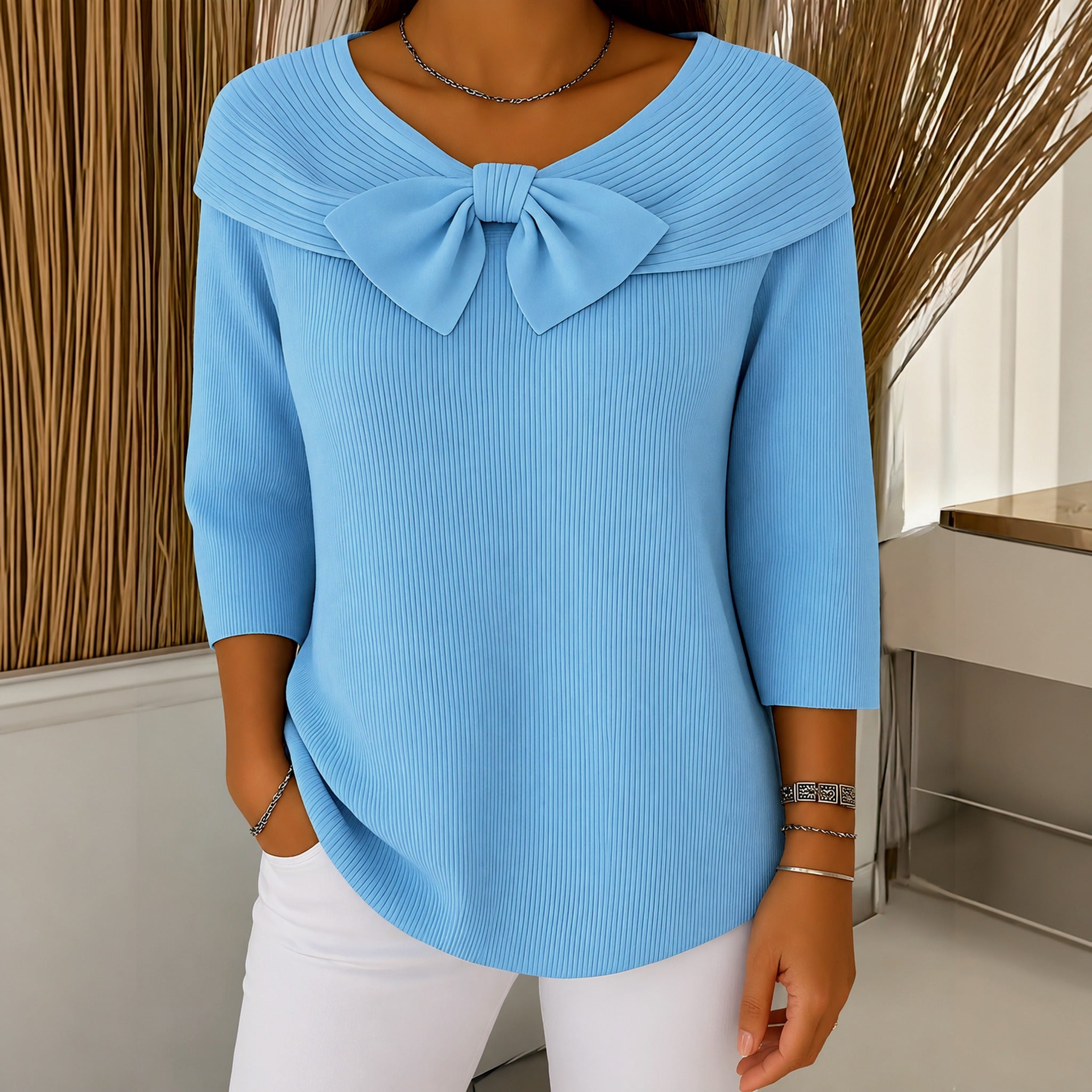 Laurie bow neck ribbed sweater in Blue, front view
