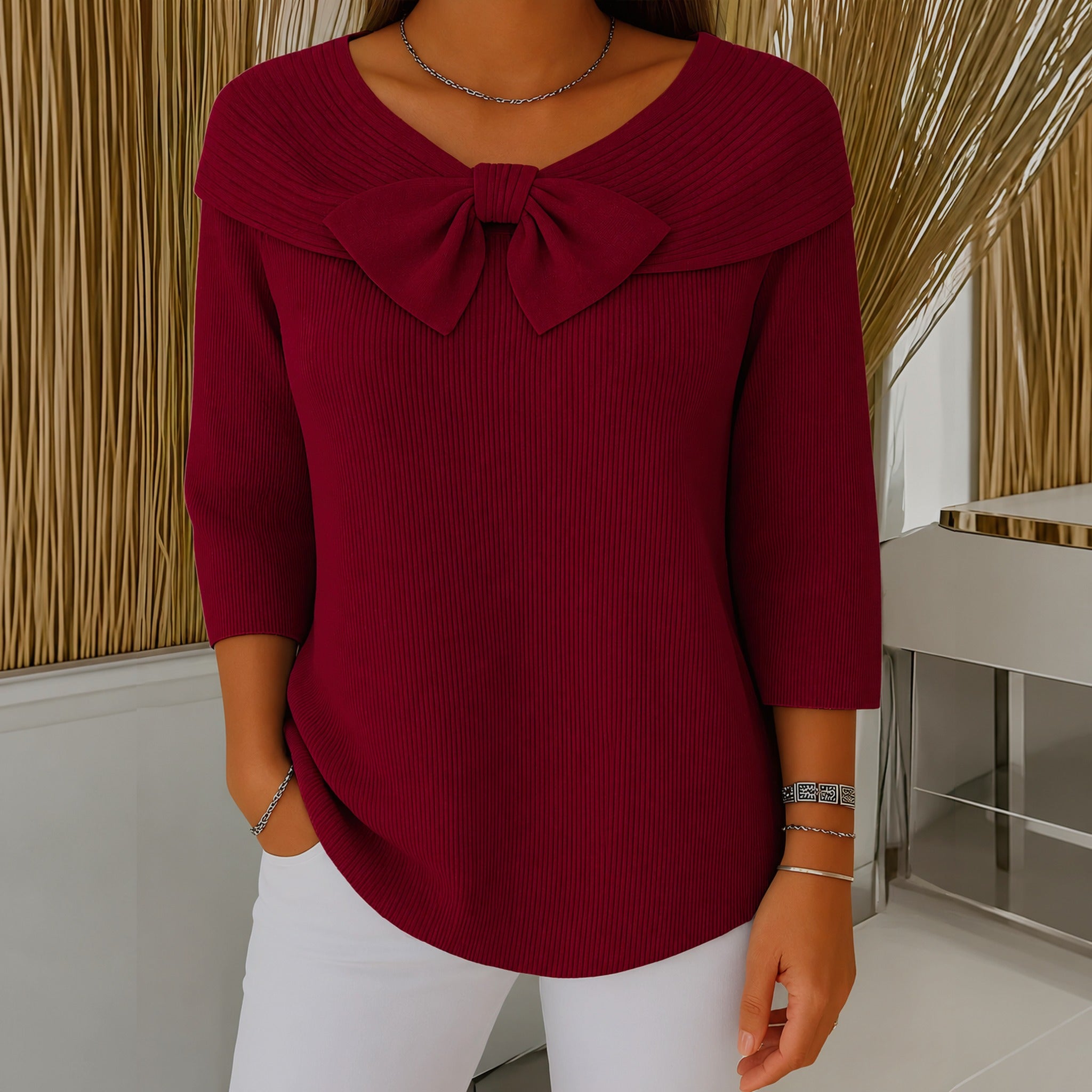 Laurie bow neck ribbed sweater in Red, view 4