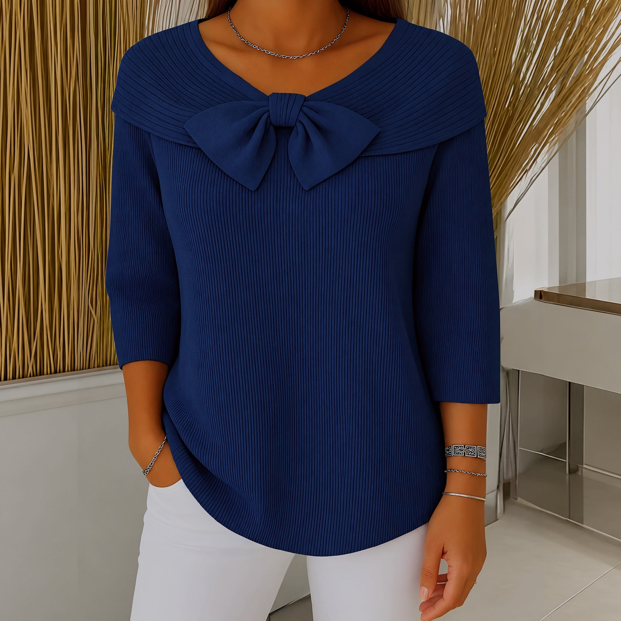 Laurie bow neck ribbed sweater in Dark Blue, view 5