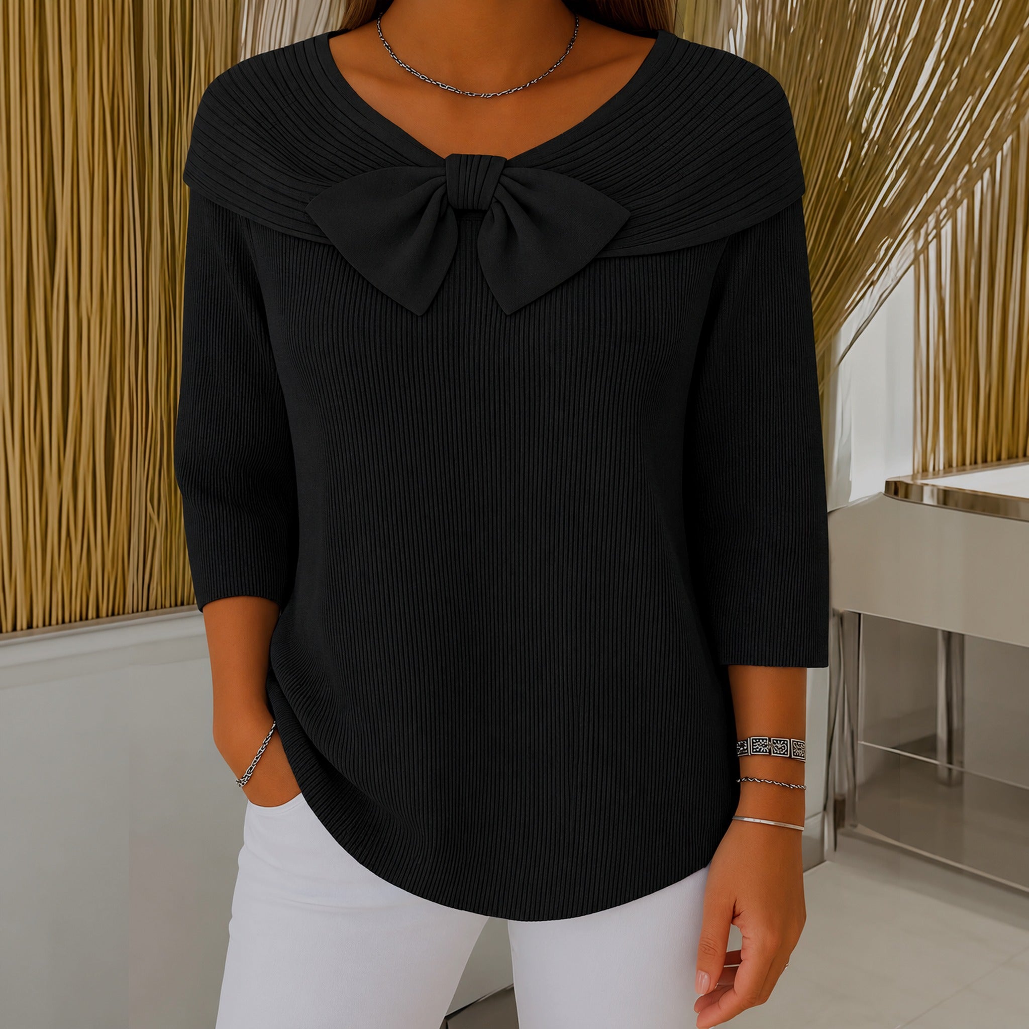 Laurie bow neck ribbed sweater in Black, view 6