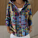 Luann hooded print button cardigan in Purple, front view