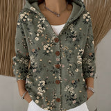 Luann hooded print button cardigan in Dark Green, view 5