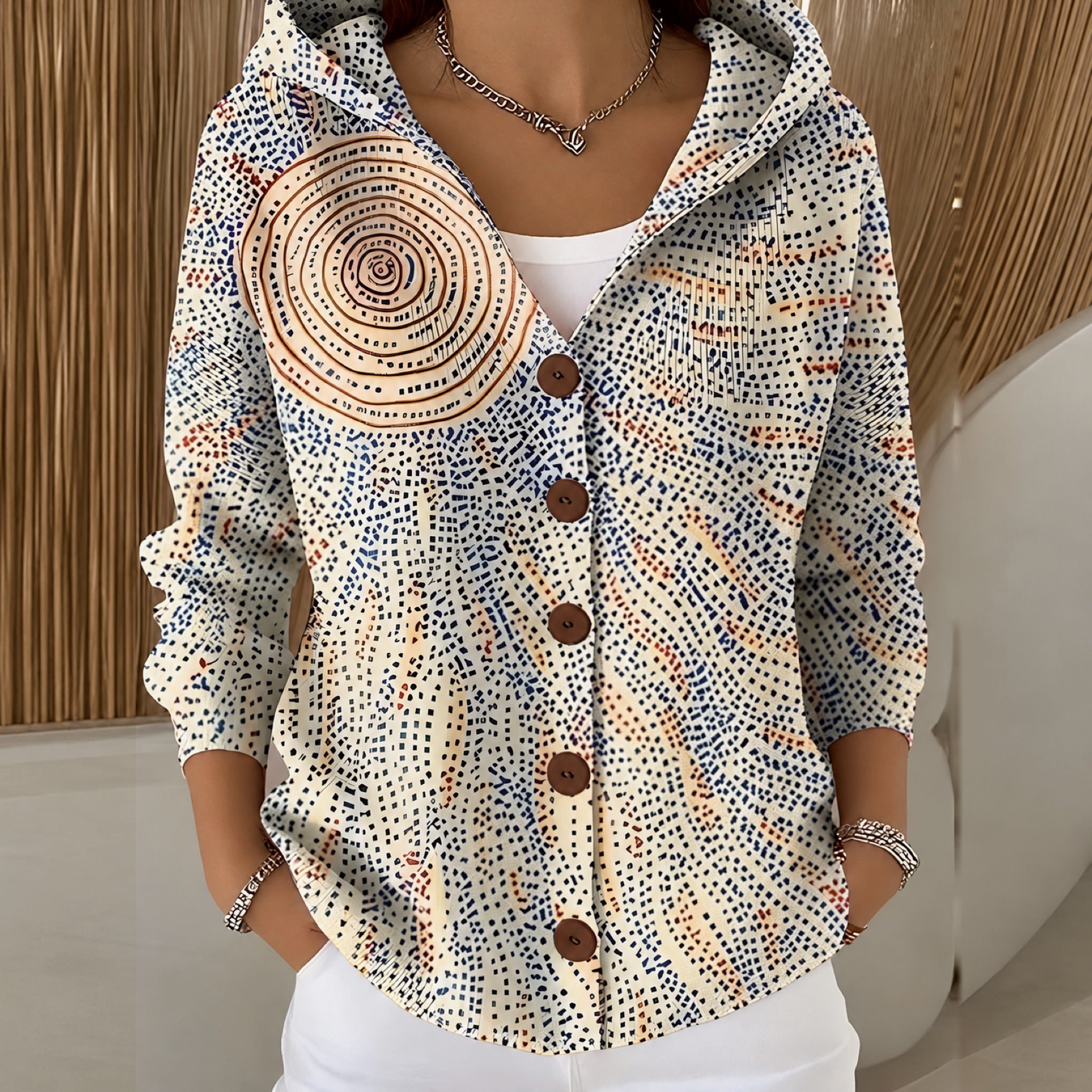 Luann hooded print button cardigan in Light Yellow, view 7