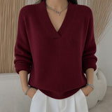 Mandy relaxed V neck sweater in Wine Red, front view