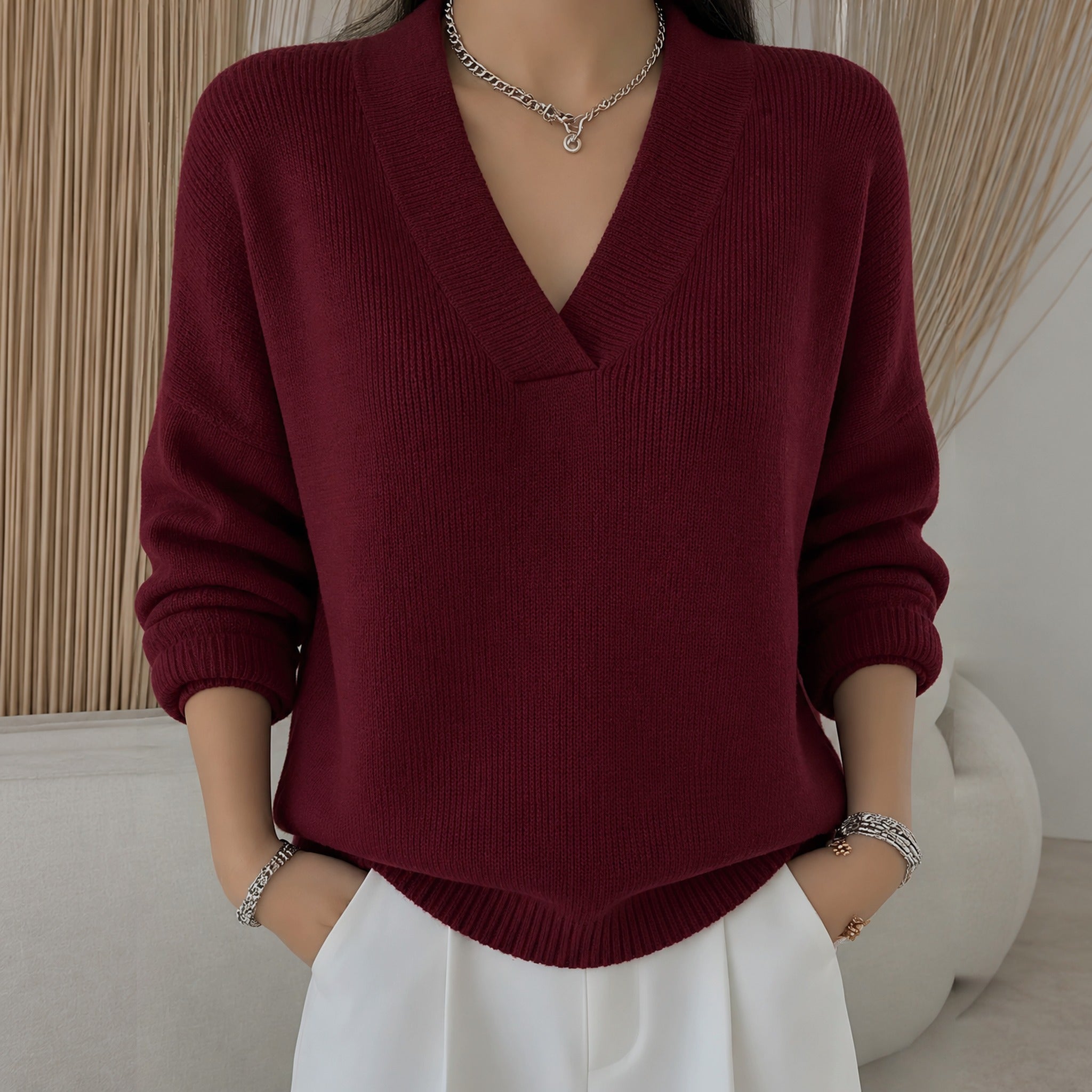Mandy relaxed V neck sweater in Wine Red, front view