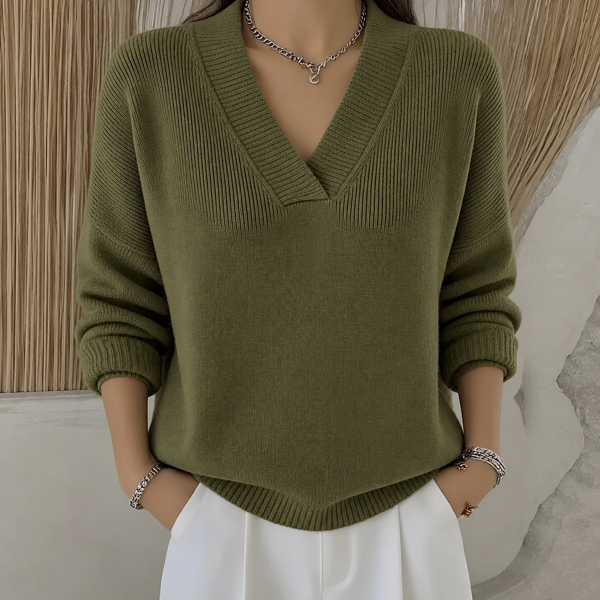 Mandy relaxed V neck sweater in Olive Green, view 3